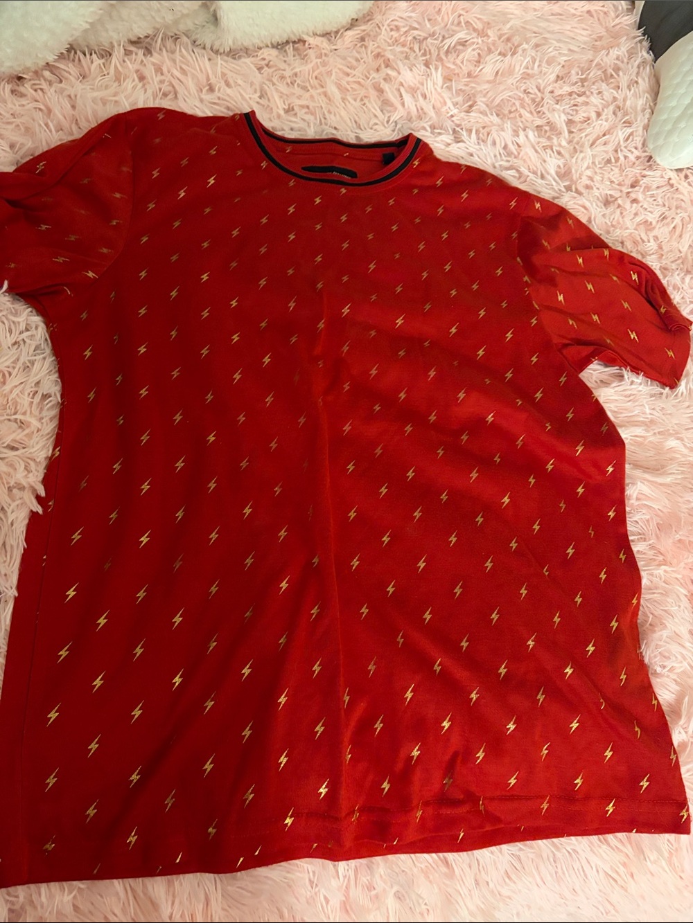 Men's Red Short-Sleeve Crewneck Shirt with Gold Lightning Print
